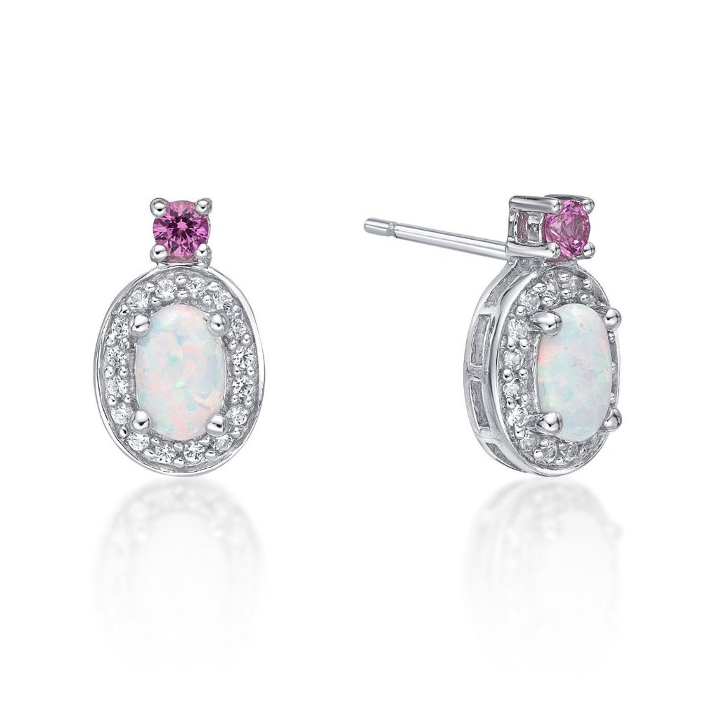 STERLING SILVER OPAL & PINK SAPPHIRE EARRINGS